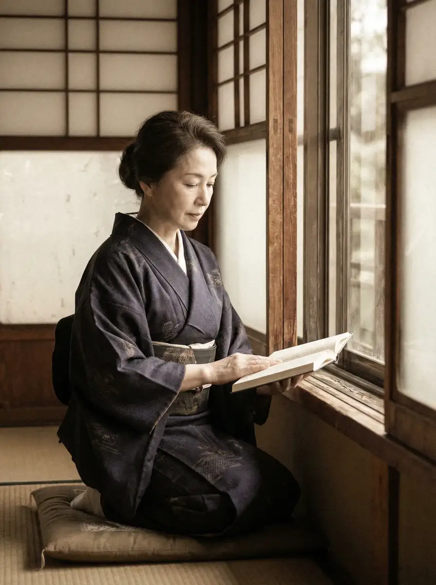 一位优雅的五十岁 站街女 身穿深蓝色和服，在窗边静读